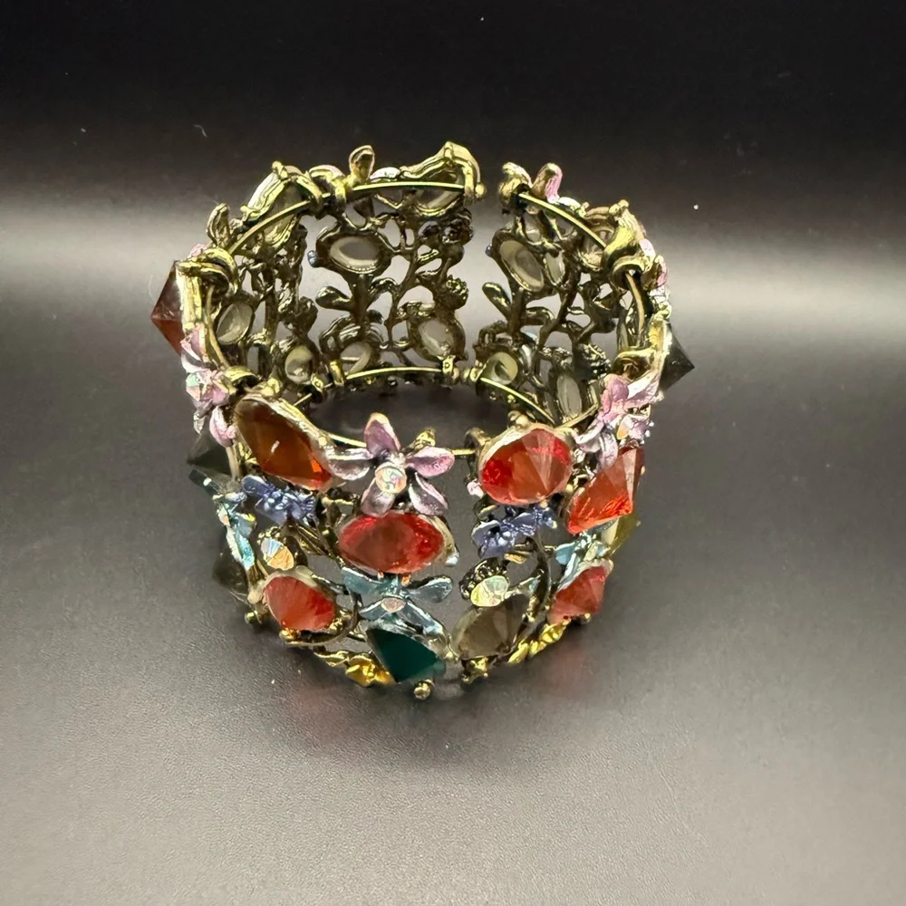 Vintage Inspired Floral Multicolor Crystal Cuff Bracelet - Women Jewelry - Picture 2 of 4